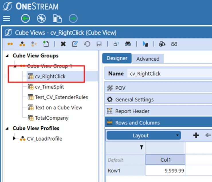 Configuración de Cube View en el panel de OneStream