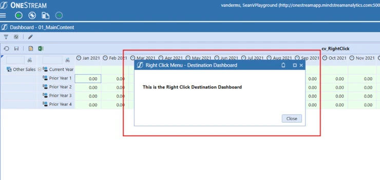 destination dashboard description driving right-click menu name in OneStream
