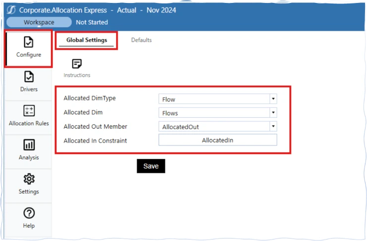Captura de pantalla de los ajustes globales de Allocation Express en OneStream