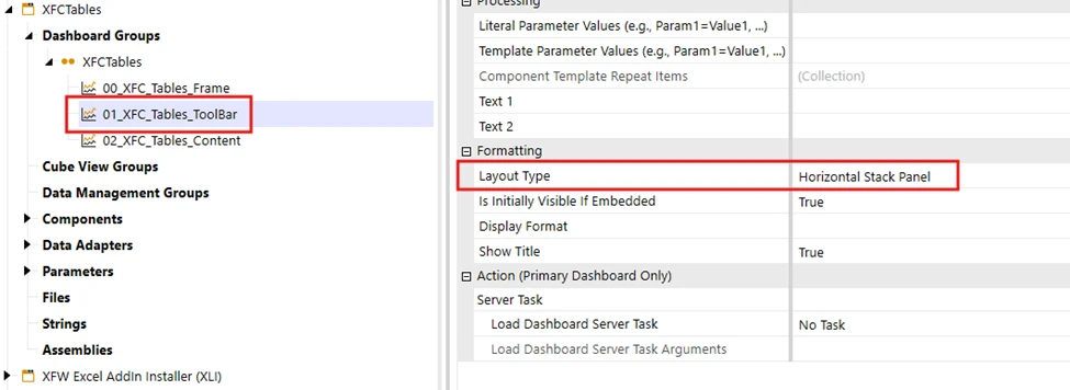 Diseño del dashboard Tool Bar para tablas XFC