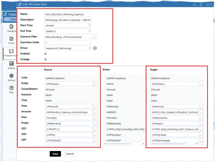 Captura de pantalla de la configuración de reglas en Allocation Express