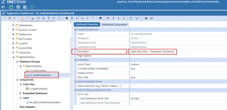 Configuración de linked dashboard en OneStream