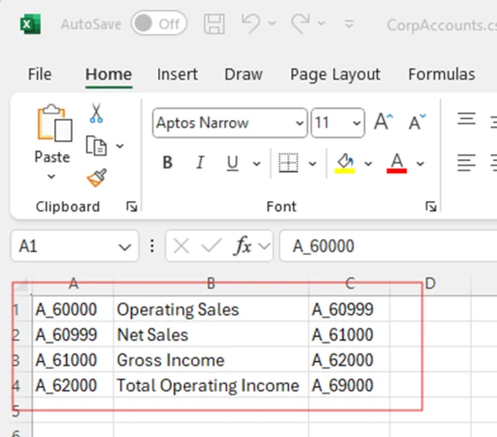 Miembros de OneStream exportados y abiertos en Excel