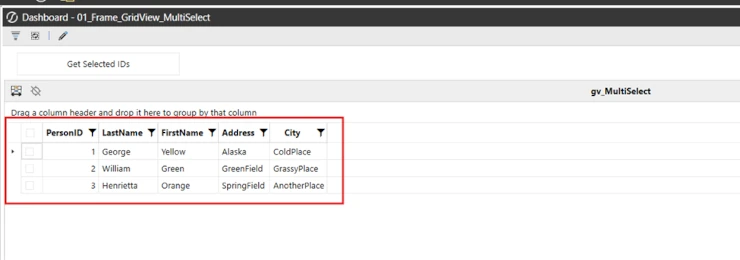 Dashboard de OneStream con ejemplo de selección múltiple en grid view