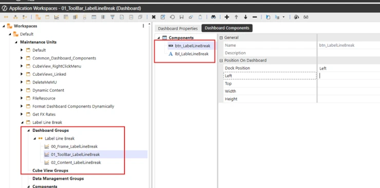 Dashboard simple de OneStream con botón y componente Label