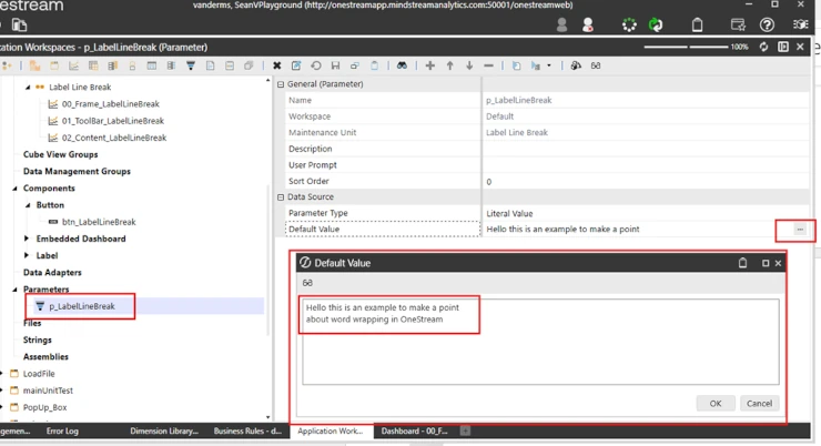 Propiedad Default Value de parámetros en OneStream con texto pegado