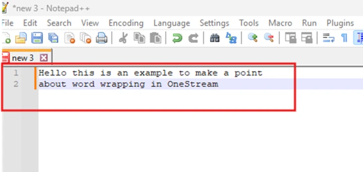 Editor de texto con ejemplo de salto de línea manual para una etiqueta de OneStream