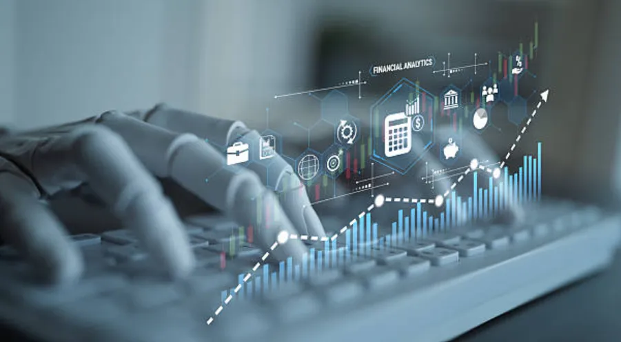 Análisis financieros impulsados por IA mostrados en una computadora portátil, con tablas, gráficos e íconos de finanzas digitales que ilustran la automatización financiera.