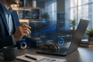 Finance professional reviewing a laptop dashboard with cash flow, performance, forecasting, and AI insights for finance automation.