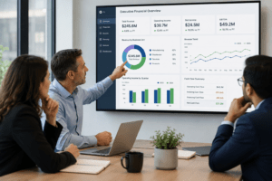 Finance team reviewing a financial dashboard to support data-driven decision-making