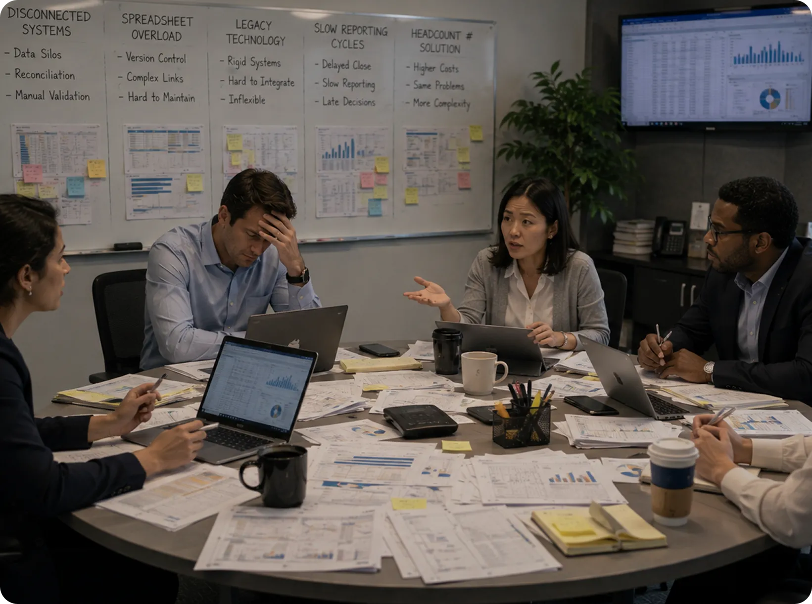 Finance professionals frustrated by manual work, disconnected systems, and reporting challenges, looking for finance transformation services.