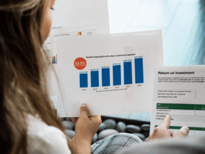  Finance professionals reviewing growth, market activity, and return-on-investment charts to support finance automation decisions.