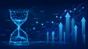 Financial planning and analysis represented through digital finance technology, time efficiency, and rising business performance.