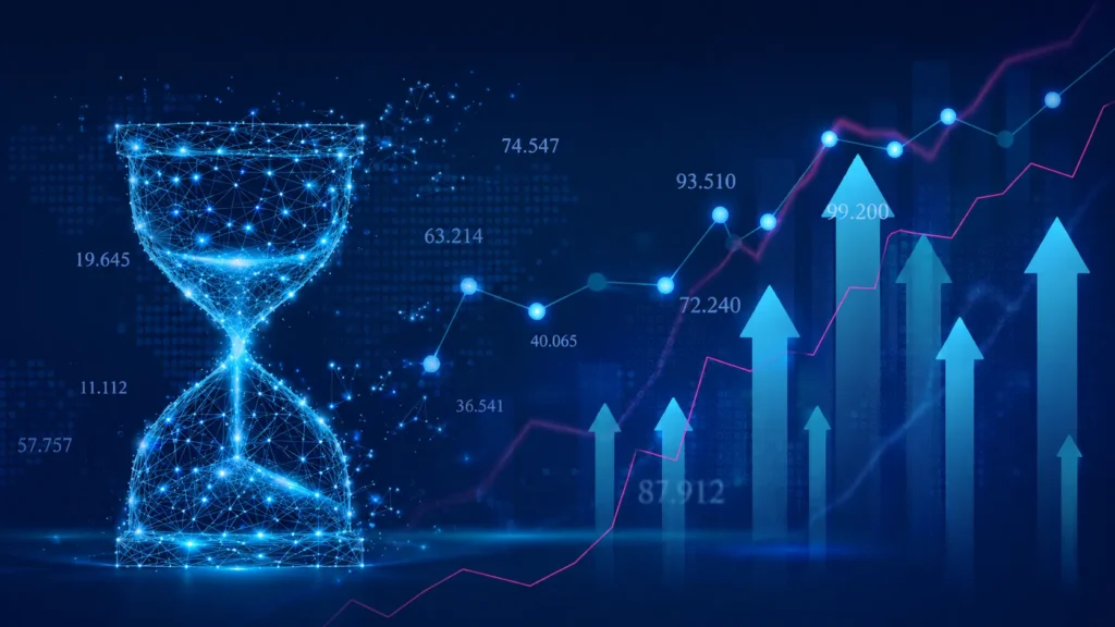 Financial planning and analysis represented through digital finance technology, time efficiency, and rising business performance.