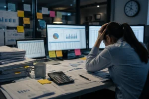 Financial planning and analysis team member reviewing spreadsheets and financial reports across multiple screens in a manual finance environment.