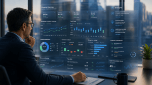 Finance professional viewing a digital dashboard with financial performance, cash flow, forecasting, scenario planning, and AI insights for finance automation.