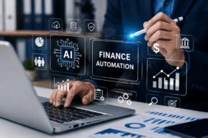  Finance professional using AI-powered technology for finance automation and financial data analysis.