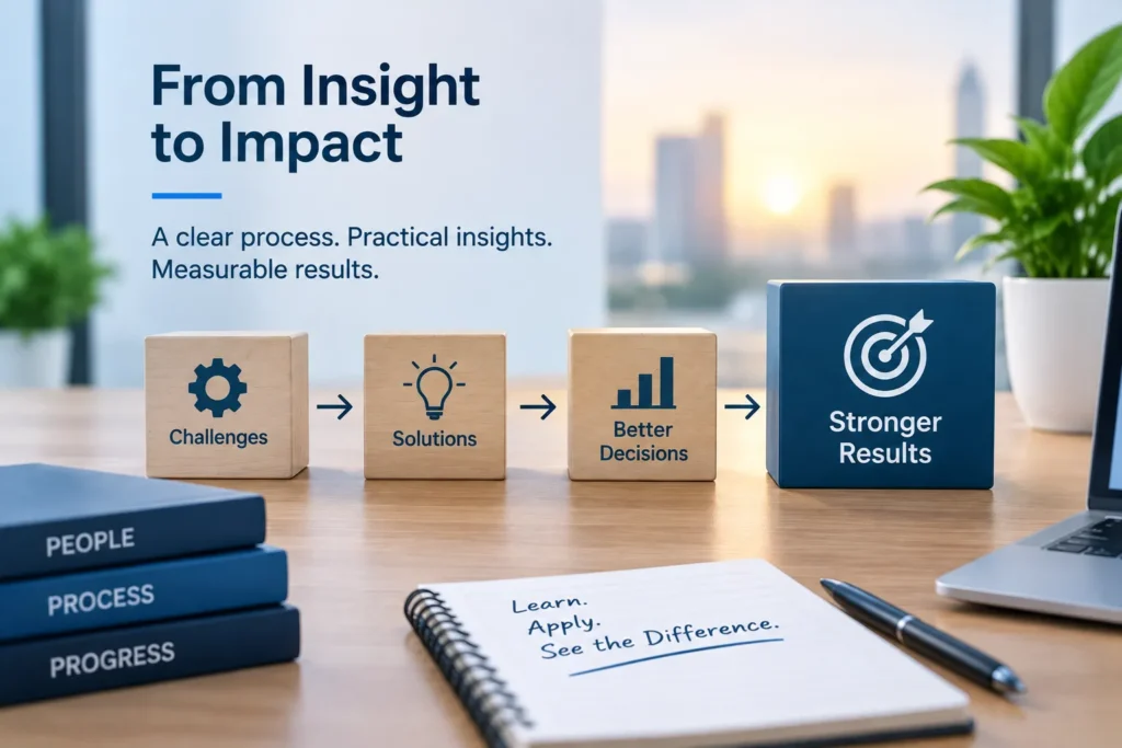 Visual showing challenges, solutions, and better decisions leading to stronger results through finance process improvement.