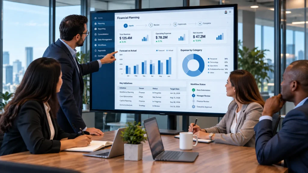 Finance professionals reviewing a financial planning dashboard as part of a finance process improvement initiative.