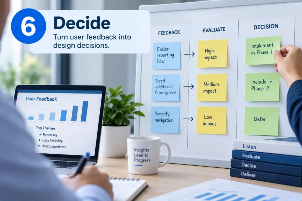 User feedback being evaluated and converted into design decisions for finance process improvement.