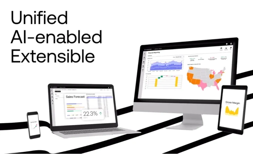 Video thumbnail showing OneStream financial dashboards across desktop, laptop, and mobile devices, illustrating a unified, AI-enabled, extensible finance environment.