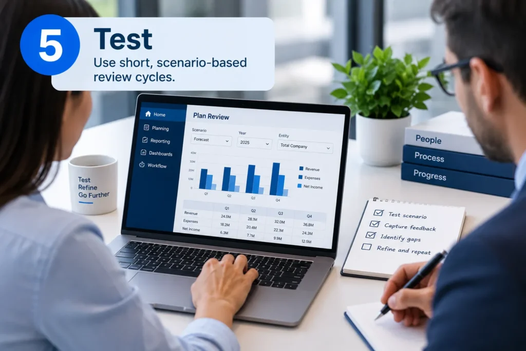 Finance user testing a realistic workflow during a finance process improvement review cycle.